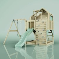Rebo Spielturm mit Spielhaus inkl. Wellenrutsche und Kinder-Schaukel Outdoor Klettergerüst Garten, Ausführung: Kinderschaukel, Farbe: Mintgrün - Grün von POLARPLAY