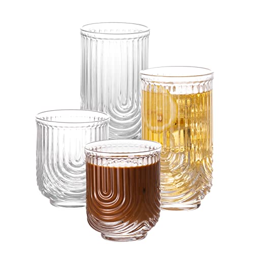 POLIDREAM Geriffelte Gläser Set 4 teilig, 400ml Longdrinkglas & 350ml Glas, Bubble Gläser, Eiskaffee Gläser, Trinkgläser Set für Cocktails umd Whisky Gläser - Spülmaschinengeeignet von POLIDREAM