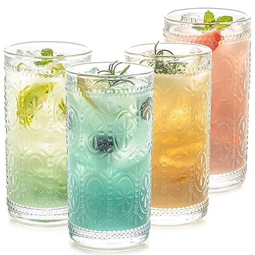 POLIDREAM Gerippte Trinkgläser 4er Set, 400ml Cocktailgläser, Facetten-Schliff Kaffee Gläser, Rgerippte Gläser, Longdrinkgläser Set für Wasser, Mojito umd Bier Glas - Spülmaschinengeeignet von POLIDREAM