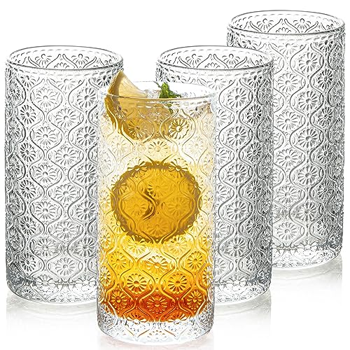 POLIDREAM Saftgläser Gläser Set 4 teilig, 400ml Cocktail Gläser, Facetten-Schliff Kaffee Gläser, Geriffelte Gläser, von POLIDREAM