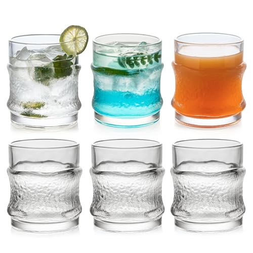 POLIDREAM Vintage Drinking Glasses Set of 6, Whiskey Glassware with Stackable Pattern, 10.5oz Advanced handshake feeling Glass Cups, Iced Coffee Cups for Whiskey, Mojito, Juice, Beer, Gin, Soda von POLIDREAM