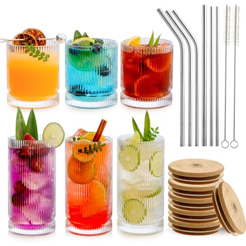 POLIDREAM Geriffelte Gläser Set für 6, Trinkbecher mit Deckel und Strohhalm, Eiskaffee Gläser, 3-teilig 480ml Cocktailgläser & 3-teilig 390ml Whisky Gläser, für Familie, Camping, Party, Bar von POLIDREAM