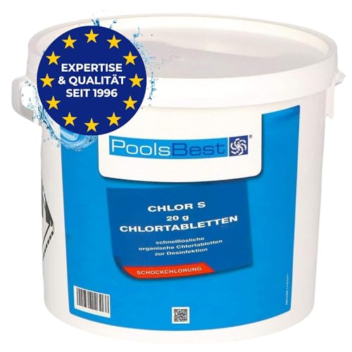 PoolsBest 10kg Chlor S 20g I schnelllösliche Chlortabletten für Pool I Poolpflege Chlortabs für Kinderpool, Whirlpool, Planschbecken I Stoßchlorung Tabletten zur Desinfektion I Pool Zubehör von PoolsBest