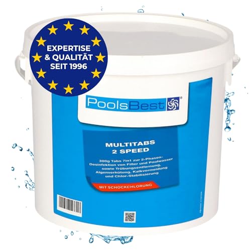 PoolsBest 4,8kg Chlor Multitabs 2 Speed 7 in 1 I 300g Chlortabletten für Pool mit 2-Phasen Desinfektion I Chlortabs schnelllöslich & langsamlöslich I Pooltabs zur Dauerdesinfektion & Stoßchlorung von PoolsBest