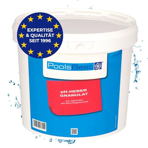 PoolsBest pH Heber Granulat 5kg I hochwertiger pH-Wert Heber Pool I Poolpflege pH Plus zur optimalen pH-Wert Regulierung I pH Heber Pool-Granulat inkl. Messbecher I pH-Wert erhöhen Pool von PoolsBest