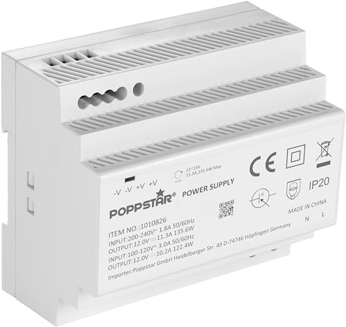 Poppstar 12V Trafo Hutschiene 11,3 A max. 135W (Input 100-240 V AC 50/60 Hz) Hutschienen-Netzteil 12 V Klingeltrafo von POPPSTAR