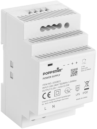 Poppstar 5V Trafo für Hutschiene 22,5W (Input 100-240 V AC 50/60 Hz, Output 5 V DC 4,5 A 22,5 W) DIN Rail-Netzteil 5V Klingeltrafo von POPPSTAR