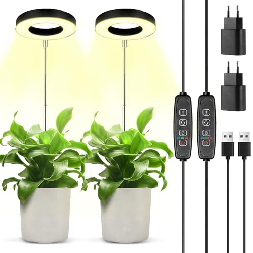 POWZOO 2 Stück Pflanzenlampe LED Vollspektrum,48 LEDs Pflanzenlicht,Höhenverstellbare pflanzenlicht mit 3/9/12H Auto-Timer, 9 Helligkeits & 3 Lichter Modi, mit USB Adapter,für Indoor-Gartenpflanzen. von POWZOO