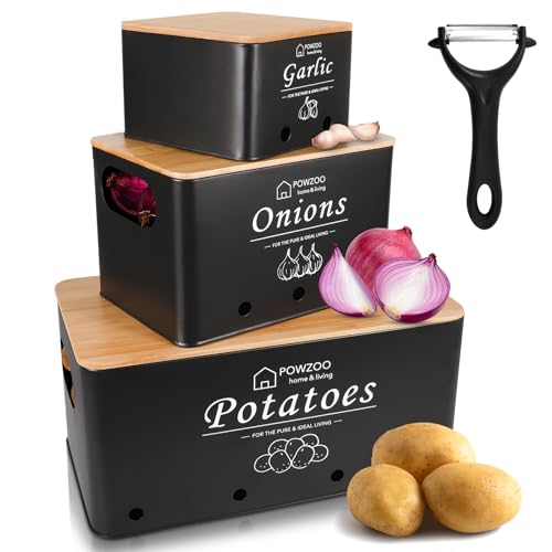 POWZOO Kartoffel Aufbewahrungsbox, Vorratsdose 4er Set, Küche Aufbewahrung für Kartoffeln, Zwiebeln & Knoblauch,mit 360° Belüftungssystem,hält Gemüse länger frisch-der ideale Weg (Schwarz-Set) von POWZOO