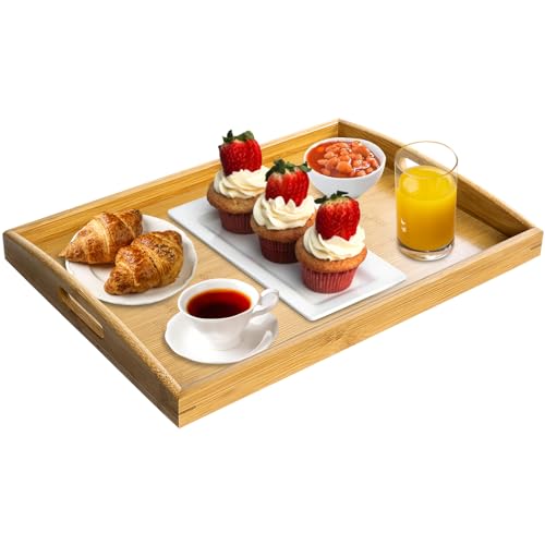 POWZOO Tablett Serviertablett mit Griffen,Holz Servierplatte,Holztablett Rechteckig Küchentablett Frühstückstablett Bambus Tablett für Frühstück, Tee, Couchtisch, Küchen Deko Bett 40x28x3,5cm von POWZOO