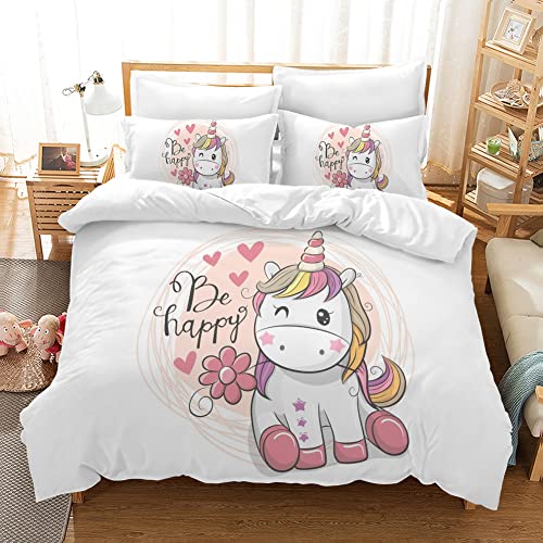 PQCXXA Kinder Einhorn Bettwäsche Mädchen-Bettwäsche Set Rosa 3D Cartoon Einhorn Bunt Blume drucken Bettbezug Set mit Reißverschluss und Kissenbezug 50x75cm (135x200 cm, E) von PQCXXA