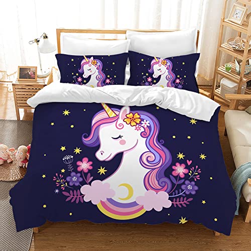 PQCXXA Kinder Einhorn Bettwäsche Mädchen-Bettwäsche Set Rosa 3D Cartoon Einhorn Bunt Blume drucken Bettbezug Set mit Reißverschluss und Kissenbezug 50x75cm (200x200 cm, G) von PQCXXA