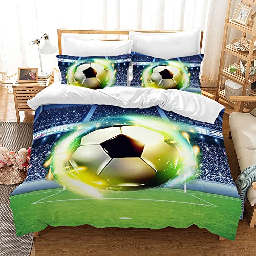PQCXXA Fußball Bettwäsche für Kinder, 3 Teilig Jungen Teenager Sport Bettbezug-Set,3D Fußball Bedruckte Microfaser Bettbezüge mit Reißverschluss und 2 Kissenbezug 50x75cm (A2, 135x200cm) von PQCXXA