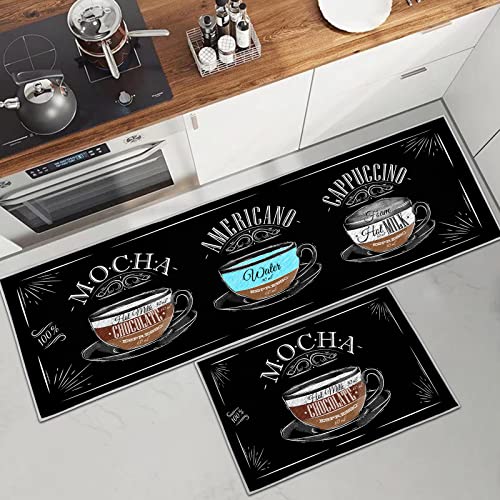 PQCXXA Küchenteppich Teppich Läufer Küchenläufer 2 Stück, Kaffee Muster Küchenmatte rutschfest für Zuhause, Küche, Büro (Kaffee A, 43x150cm+43x75cm) von PQCXXA