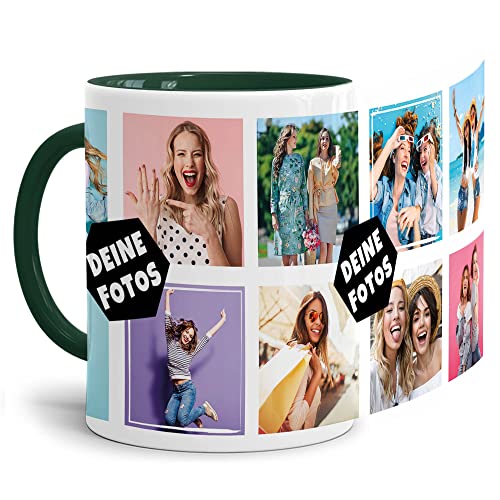 Foto-Tasse zum selbst gestalten mit Foto-Collage für 10 Wunschfotos - Geschenk für Familie, Freunde, Geburtstag, Weihnachten - Keramik Innen & Henkel Dunkelgrün, 300 ml I Personalisiert von PR Print Royal