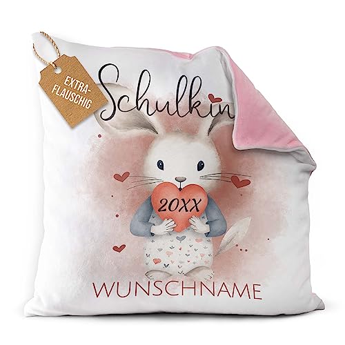 PR Print Royal Flauschiges Kissen zur Einschulung - Schulkind mit Name und Jahr personalisiert - Hase Kissen, personalisierte Geschenke zur Einschulung | Rückseite Rosa, 40 x 40 cm von PR Print Royal