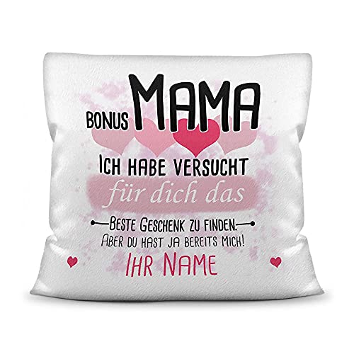 PR Print Royal Kissen mit Füllung Bonus Mama von einem Kind - Personalisiert mit Wunschname in Rosa - zum Geburtstag und Muttertag - Kissen Polyester weiß - flauschig, 40 x 40 cm von PR Print Royal