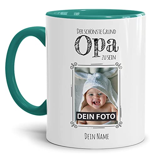 PR Print Royal Tasse mit Spruch - Der schönste Grund Opa zu Sein - Personalisierbare Keramiktasse mit Namen und Foto - Geschenk Opa - Innen & Henkel Türkis, 300 ml von PR Print Royal