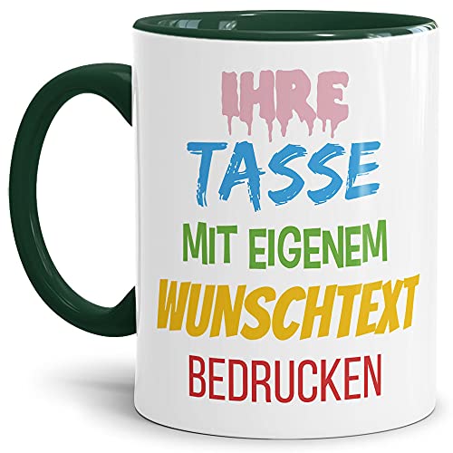 PR Print Royal Tasse mit Text selbst gestalten - Geschenk für Frauen, Männer, Geburtstag, Weihnachten - Keramik Innen & Henkel Dunkelgrün I Mittig gegenüber vom Henkel Bedruckt von PR Print Royal