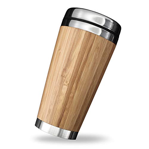 PRECORN Kaffeebecher für unterwegs Coffee to go Becher Thermobecher 450 ml doppelwandig aus Edelstahl Bambus von PRECORN
