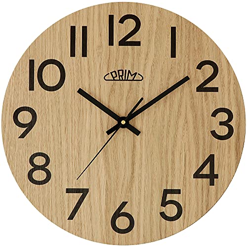 PRIM Genuine Design 31cm Wanduhr Holz Made in EU, Design-Holzuhr, Dunkles Light Wood/Black, Arabische Ziffern, präzises Quarz-Uhrwerk Sweep, ∅ 310 mm, schöne Wanddeko für Küche, Büro oder Wohnzimmer von PRIM