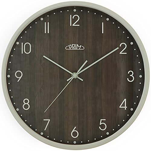 PRIM Holz-Wanduhr in schönen Farben, Grau&Dunkles Holz, Quarz-Uhrwerk Sweep, Glas, Holz, Ø 305x40 mm, Modern Style Wand-Deko Naturmaterial, für Wohnzimmer, Schlafzimmer, Büro, Küche, jeden Raum von PRIM