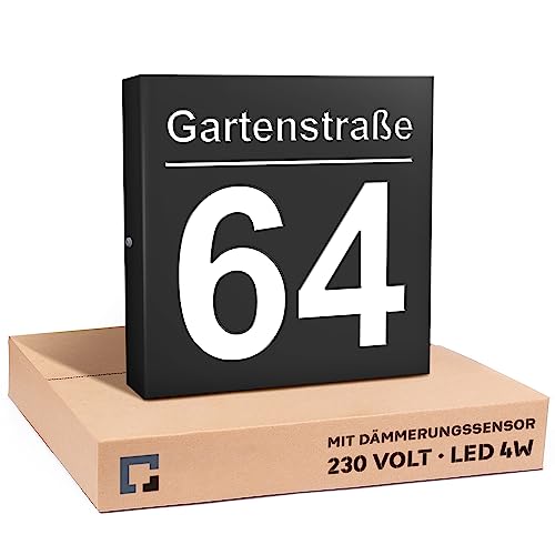 30x30cm Personalisieren Sie Ihre Modern Hausnummer Beleuchtet LED, 230V mit Dämmerungssensor, Hausnummer Schwarz aus Aluminium-Dibond ist Langlebig, Wetterfest, Geringer Stromverbrauch 6W / A++ von PRINTIMA