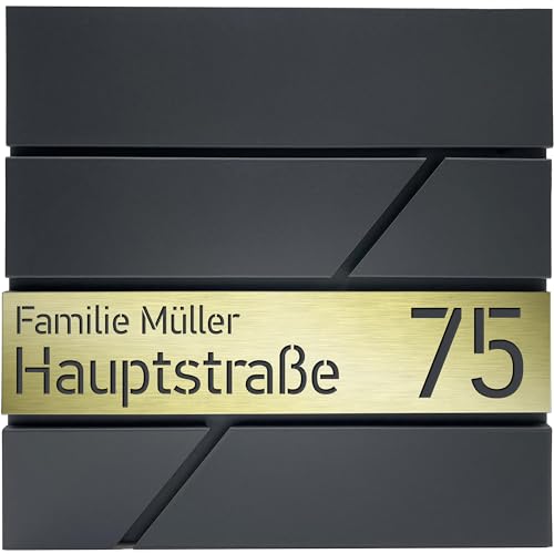 Design Anthrazit Briefkasten mit Hausnummer & Ihre Namen Gravur Personalisiert, Wandbriefkasten mit Extra Zeitungsfach, Briefkasten Groß 37x37x11cm, Rostfrei und UV-beständig Verzinkter Stahl, Golden von PRINTIMA