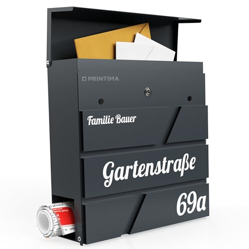 PRINTIMA Julia Briefkasten mit Zeitungsfach in Anthrazit Grau RAL7016, Personalisiert mit Aluminum Namensschild, Briefkasten Groß 37x37x11cm, inkl. „Keine Werbung” Aufkleber von PRINTIMA