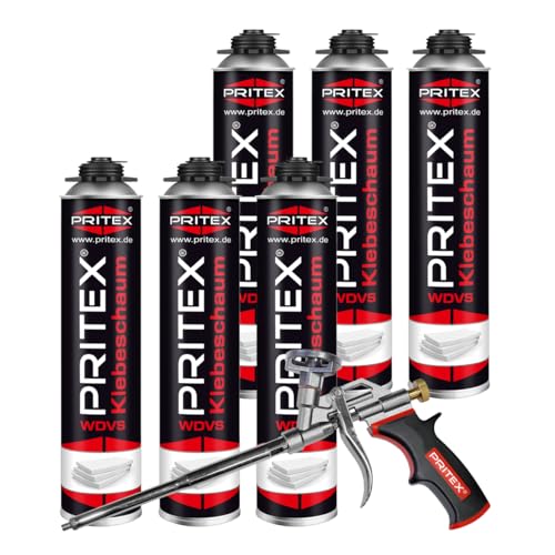 PRITEX – WDVS Klebeschaum Set 6 x 750 ml inkl. Schaumpistole zum Isolieren, Fixieren & Befestigen – Montageschaum Dämmstoffkleber mit sehr guter Haftung, Bauschaum geringer Nachdehnung von PRITEX