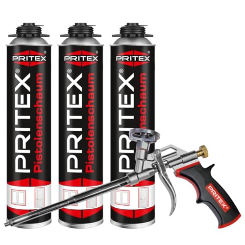 PRITEX – Bauschaum Set aus 3 x 750 ml Pistolenschaum inkl. Schaumpistole – Montageschaum zum Verfüllen, Dämmen & Abdichten – PU-Schaum mit hervorragender Schall- & Wärmedämmung – Bauschaum von PRITEX
