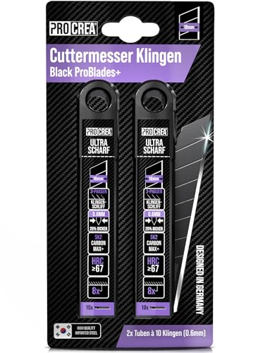 PROCREA® -NEU- 20x Premium Cuttermesser Klingen "Black ProBlades+" [Extreme Standzeit & Ultrascharf] 18mm Abbrechklingen (schwarz) aus SK2 Max+ Stahl - Ersatzklingen für Cutter- & Teppichmesser von PROCREA