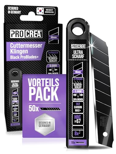 PROCREA® -NEU- 50x Premium Cuttermesser Klingen "Black ProBlades+" [Extreme Standzeit & Ultrascharf] 18mm Abbrechklingen (schwarz) aus SK2 Max+ Stahl - Ersatzklingen für Cutter- & Teppichmesser von PROCREA