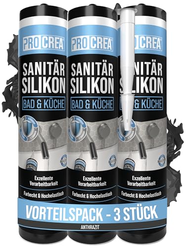 PROCREA® 3x Premium Sanitärsilikon "Bad & Küche" (Anthrazit) [mit Anti-Schimmel-Formel] Dichtmasse für innen & außen - Universal Silikon in Profi-Qualität (schwarz) - Made In Germany von PROCREA