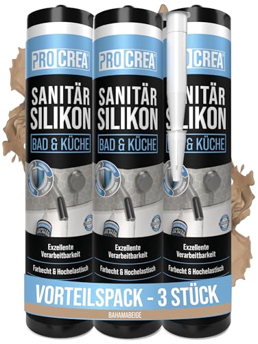 PROCREA® 3x Premium Sanitärsilikon "Bad & Küche" (Bahamabeige) [mit Anti-Schimmel-Formel] Dichtmasse für innen & außen - Universal Silikon in Profi-Qualität (beige) - Made In Germany von PROCREA