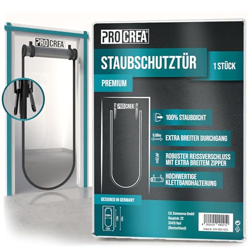 PROCREA® -NEU- 1x Premium Staubschutztür mit Reißverschluss [Großer Zipper, Breite Türöffnung & Easy-Klettsystem] Extra starke Folien-Bautür und Staubschutzwand für 100% sicheren Staubschutz von PROCREA