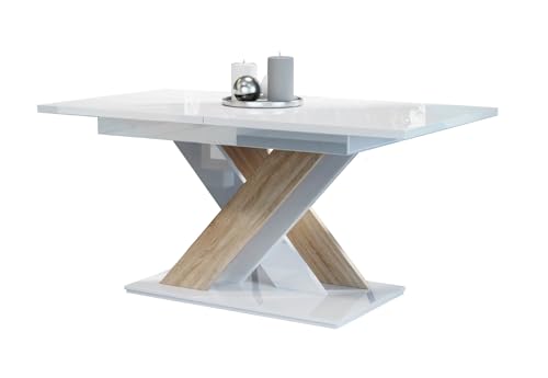 PROROOM FURNITURE - Onyx Table - Esstisch - Rechteckig - 140x80x75 cm - Ausziehbar auf 180 cm - Säulentisch - mit X-Gestell - Modern - für Esszimmer, Küche, Wohnzimmer, Salon - Weiß Glanz & Holzoptik von PROROOM FURNITURE