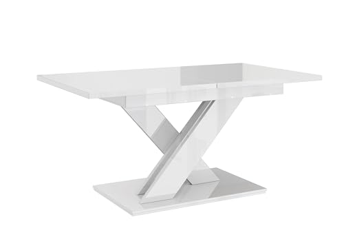 PROROOM FURNITURE - Onyx Table - Esstisch - Rechteckig - 140x80x75 cm - Ausziehbar auf 180 cm - Säulentisch - mit X-Gestell - Modern - für Esszimmer, Küche, Wohnzimmer, Salon - Weiß Glanz von PROROOM FURNITURE