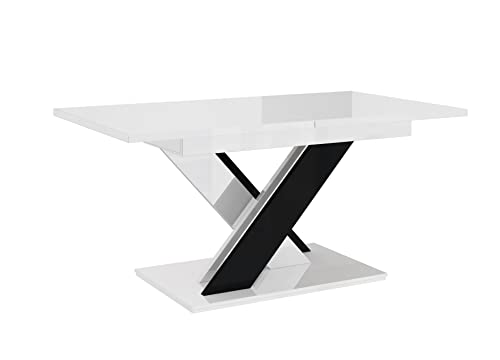 PROROOM FURNITURE - Onyx Table - Esstisch - Rechteckig - 140x80x75 cm - Ausziehbar auf 180 cm - Säulentisch - mit X-Gestell - Modern - für Esszimmer, Küche, Wohnzimmer, Salon - Weiß & Schwarz Glanz von PROROOM FURNITURE