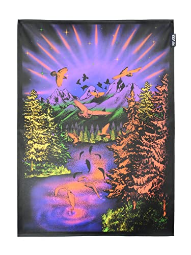 PSYWORK Schwarzlicht Stoffposter Neon | Chromadepth 3D Mountain Lake View | 0,5 x 0,7m | UV-aktiv | fluoreszierend | Wandbehang Stoffbanner Poster Wandbild Kunstdruck Dekobild Dekoration Wandteppich von PSYWORK