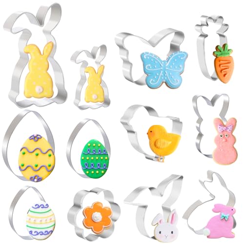 PTaizjjz Ausstechformen Ostern,12 Stück Edelstahl Plätzchen Ausstechform Ostern – Osterei, Küken, Schmetterling, Blume, Hase, Hasengesicht, Karotten-Keksausstechformen für Party-Backen, Heimwerken von PTaizjjz