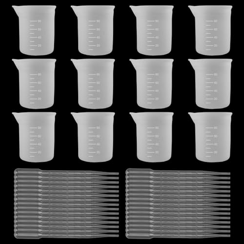 PUCSIQ 12 Stuck 100ml Messbecher Silikon Messbecher Silikon Messbecher für Harz Graduierte Becher Silikonform mit 30 Stuck Pipetten für Epoxidharz Gießformen von PUCSIQ