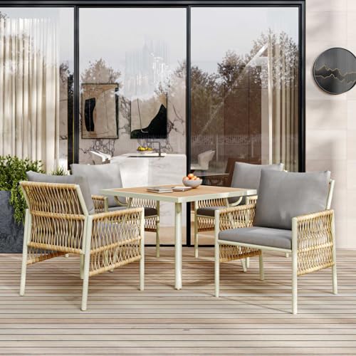 PUGSDRLY Gartenmöbel Essgruppe 5-teiliges(4 Sessel,1 Tisch), außen Terassenmöbel aus PE-Rattan, Balkon Lounge Sitzgruppe mit WPC-Tisch und Sitzkissen (Beige+Natural) von PUGSDRLY