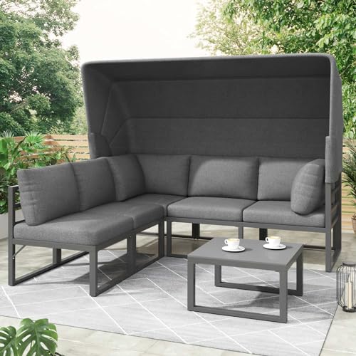 PUGSDRLY Gartenmöbel Set mit Markise,Wetterfest Grey Balkon und Terrasse Lounge Möbel 4-teiliges (1 3-Sitzer-Sofa, 2 Einzelstühle, 1 Tisch) mit Kissen von PUGSDRLY