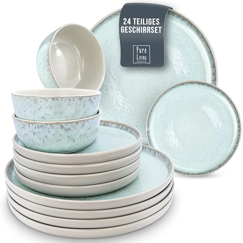 Steingut Geschirrset 6 Personen Ibiza 24-tlg - Hochwertiges Mediterranes Steingut Geschirr Set - Schüssel- und Teller Set - Tafelservice 6 Personen - Geschirrsets Pure Living in Hellem Blau-Beige von PURE LIVING INTERIOR DESIGN