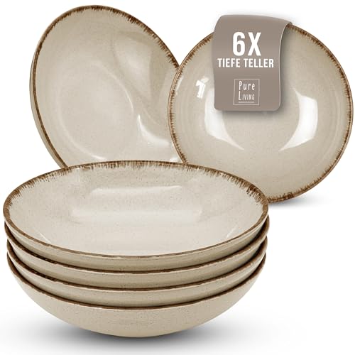 Suppenteller 6er Set Rustic - Premium Steingut, Spülmaschinenfest - Stylishes Tiefe Teller Set 6 Personen, Salat, Pasta Teller Tief Groß - Pure Living Geschirr, Rustikales Geschirrset in Beige von PURE LIVING INTERIOR DESIGN