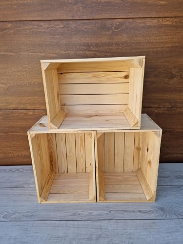 PYXIDAS Geflammte Natürlich Holzkisten im Sätzen, Satz Apfelkisten, Obstkisten, Maße 39x29x24 cm, mittlere Größe, können als Aufbewahrung, Organisation und Wohnkultur verwendet werden (Natürlich, 3) von PYXIDAS