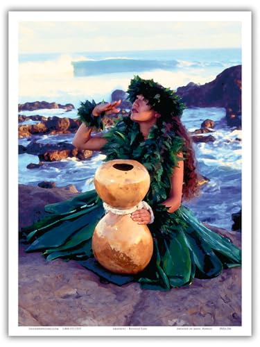 Grateful – Hawaiianische Hula-Tänzerin mit IPU-Hula-Kürbis-Trommel – von einem Original-Farbfoto von Ron Laes – Master Art Print 22,9 x 30,5 cm von Pacifica Island Art