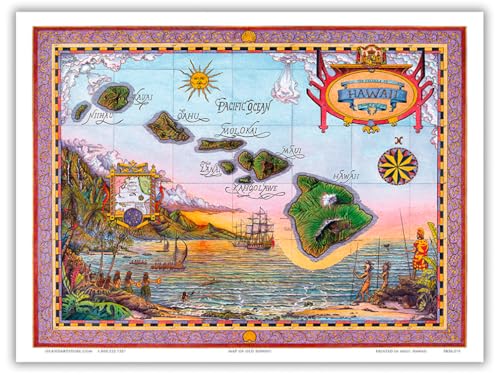 Pacifica Island Art Karte des alten Hawaii – Die Inseln von Hawaii – Vintage farbige Kartographische Karte von Steve Strickland – Meister-Kunstdruck 22,9 x 30,5 cm von Pacifica Island Art