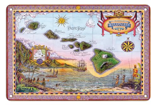 Karte von Old Hawaii – The Islands of Hawaii – Vintage Hawaii-Karte, bunt von Steve Strickland – Hawaiian Fine Art Print 8 x 12 in Tin Sign mehrfarbig von Pacifica Island Art